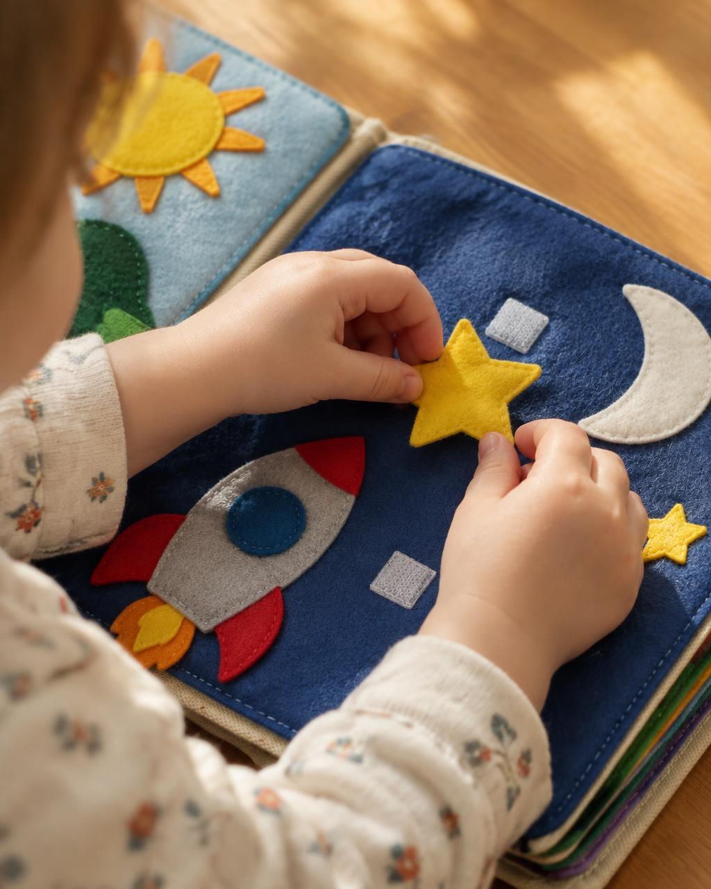 A child's hands placing a yellow felt star onto a night-sky page