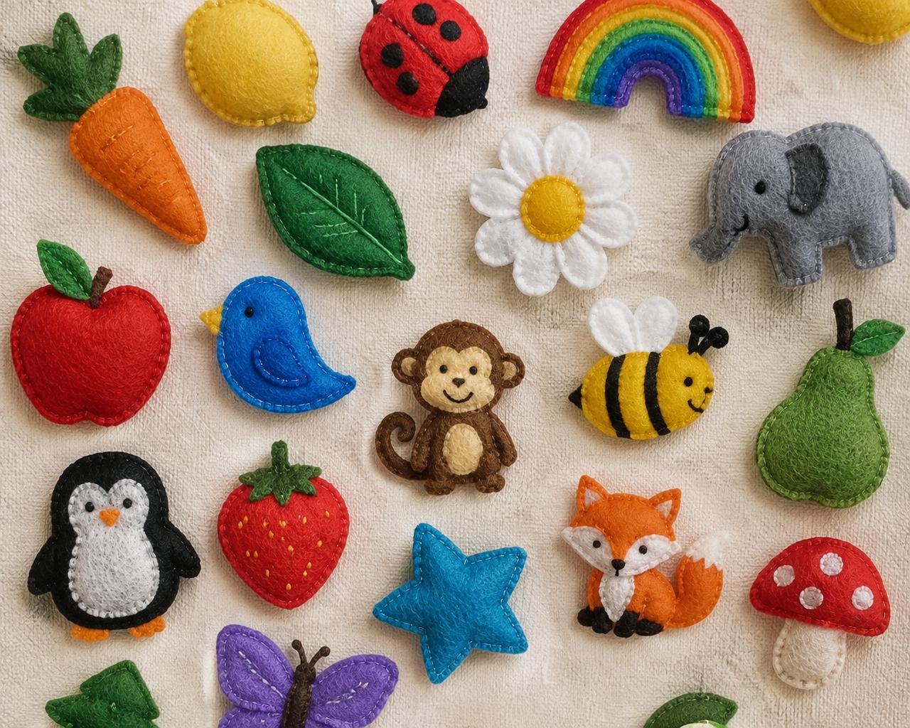 Removable felt pieces: fruits, animals, a rainbow and flowers