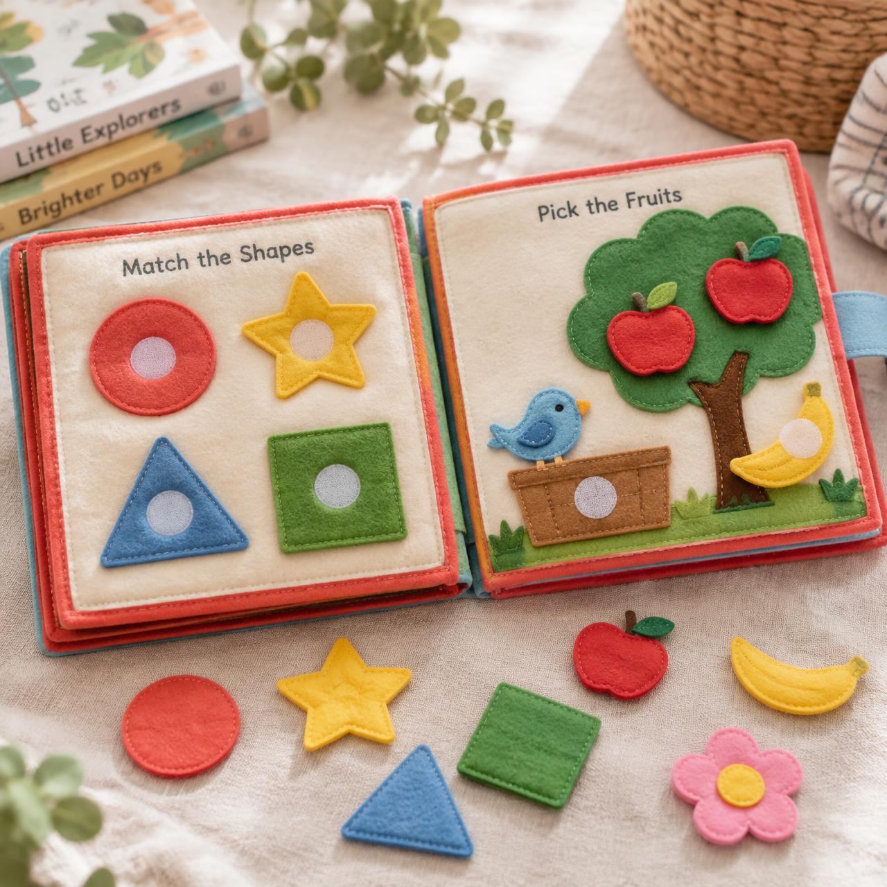 An open BusyTails felt busy book with shape-matching and fruit-picking pages and removable felt pieces